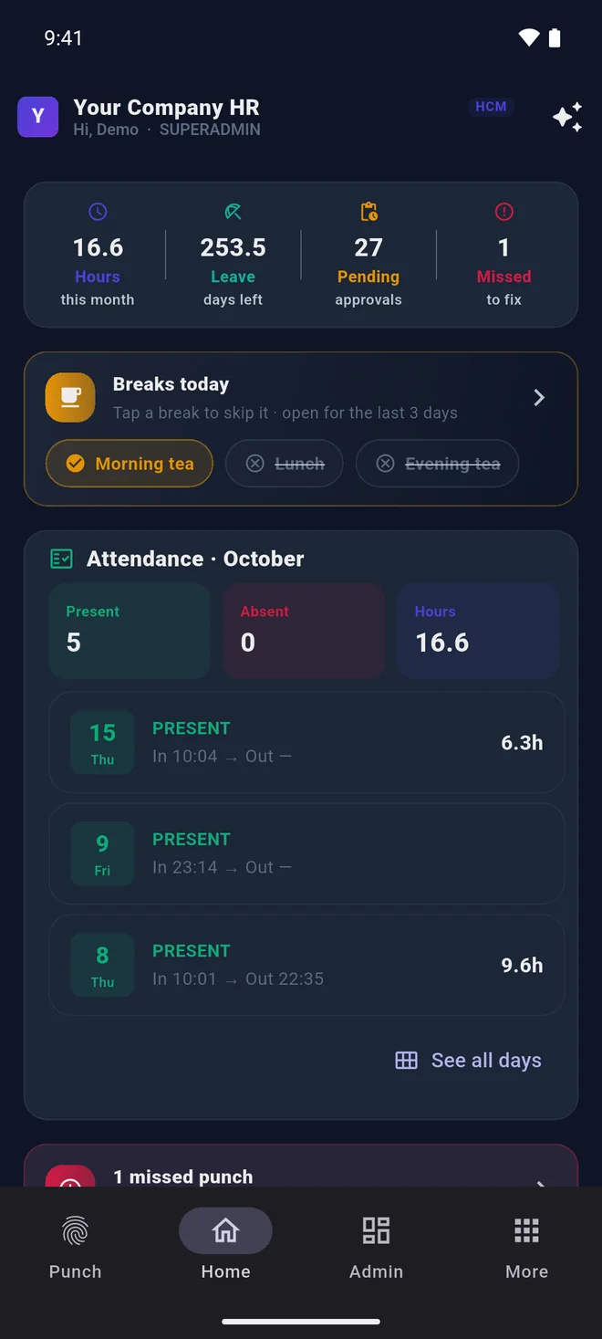 The Garuda HCM Home screen: hours this month, leave days left, pending approvals, breaks and this month’s attendance.