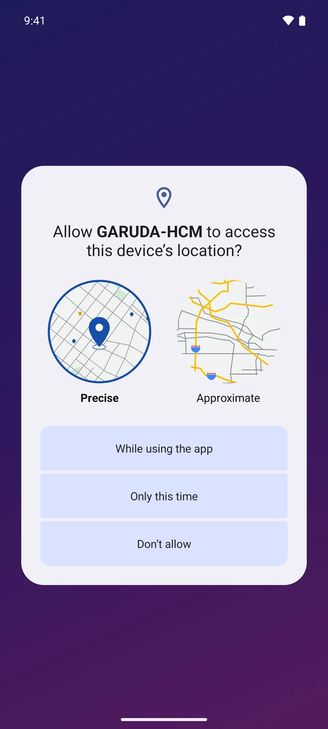 The phone asking whether Garuda HCM may use this device’s location, with While using the app, Only this time and Don’t allow.