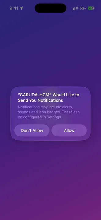 The iPhone asking whether GARUDA-HCM may send notifications, with Don’t Allow and Allow.
