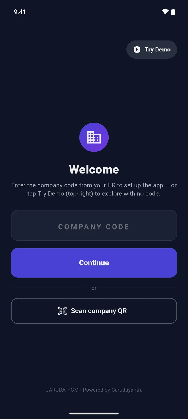 The Welcome screen with an empty COMPANY CODE box, the Continue button, Scan company QR and Try Demo.