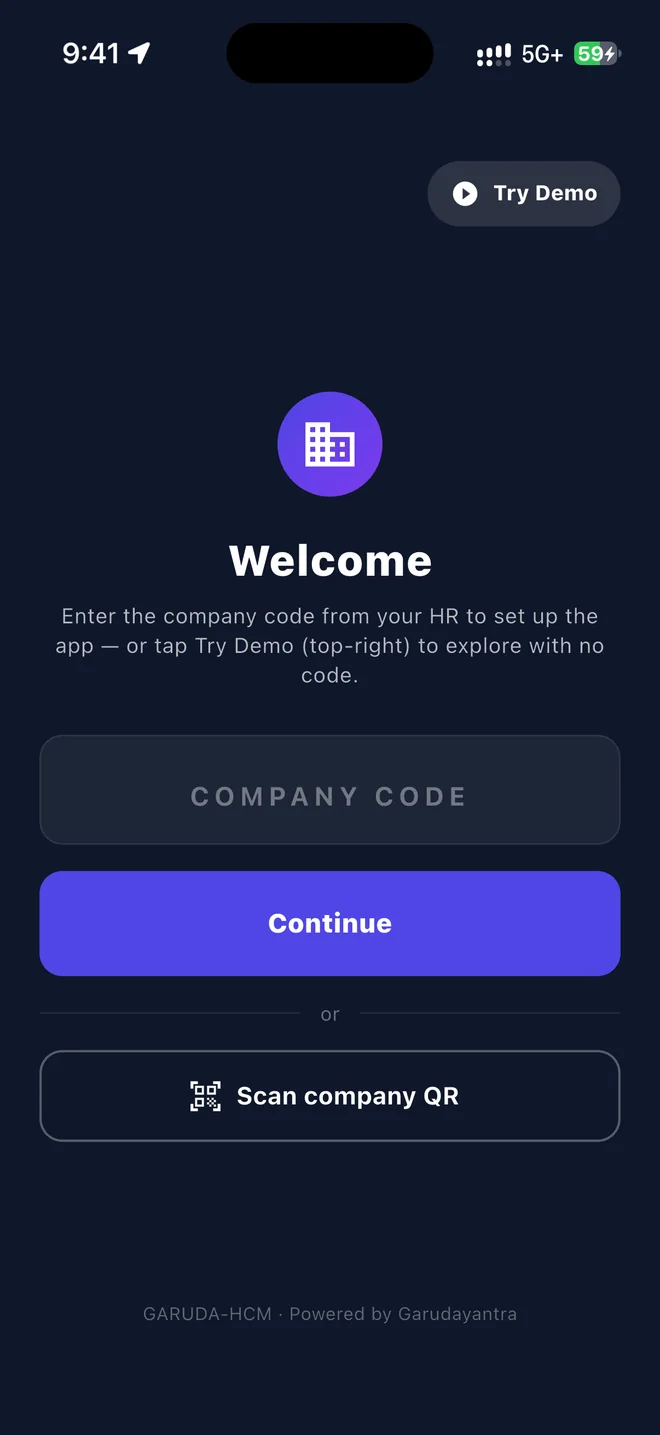 The iPhone Welcome screen with an empty COMPANY CODE box, the Continue button, Scan company QR and Try Demo.