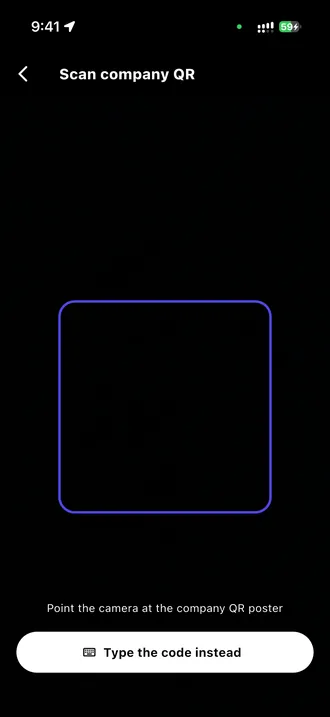 The Scan company QR screen: a frame to point at the company QR poster, and the Type the code instead button.