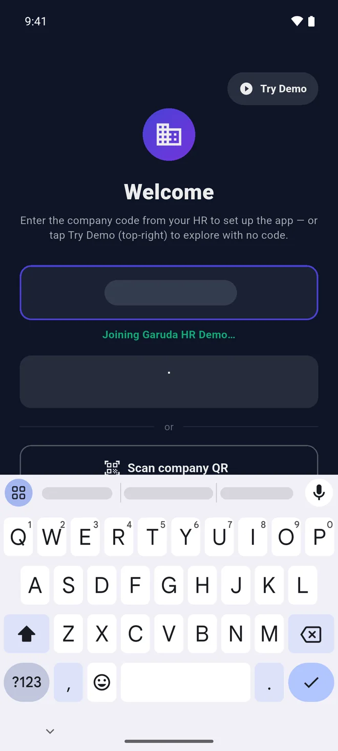 After Continue, the Welcome screen shows Joining and the company’s name under the code box.