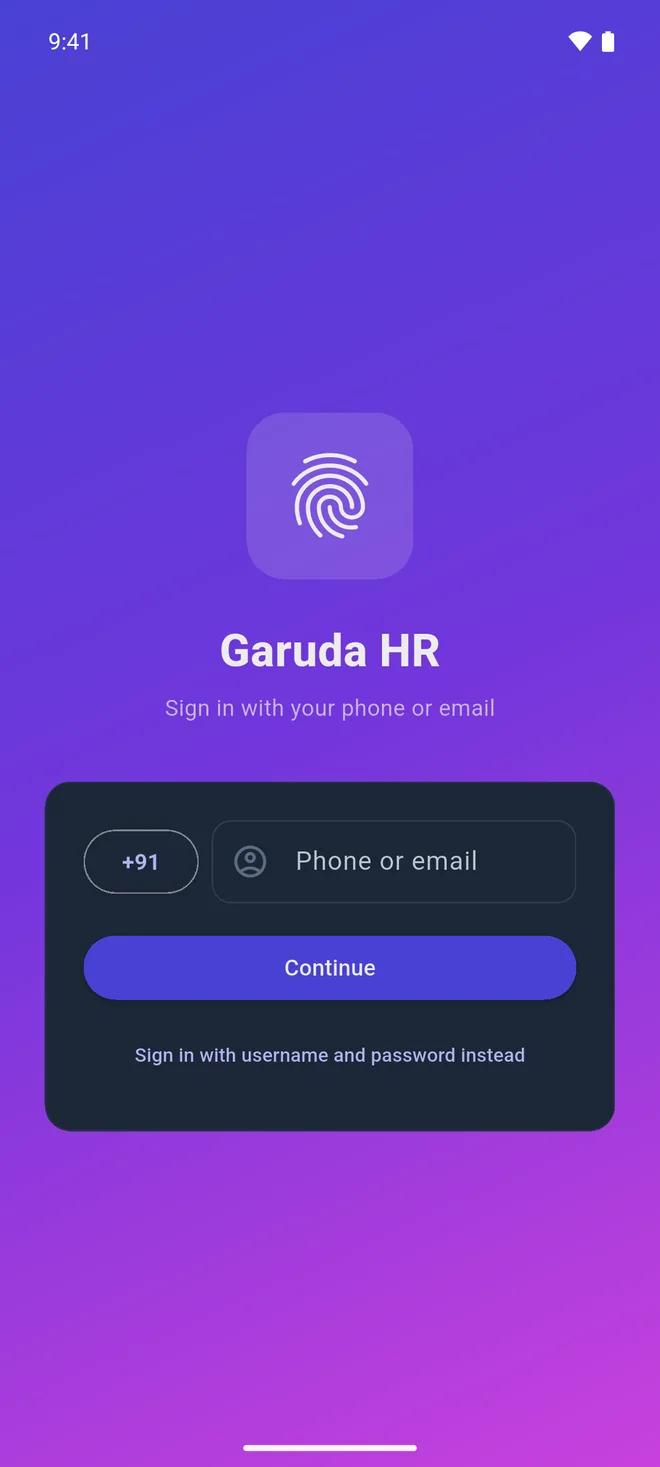 Your company’s sign-in screen: a Phone or email box, the Continue button and Sign in with username and password instead.