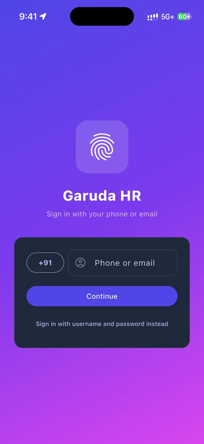 The iPhone sign-in screen: Sign in with your phone or email, a +91 country code, a Phone or email box, Continue and Sign in with username and password instead.