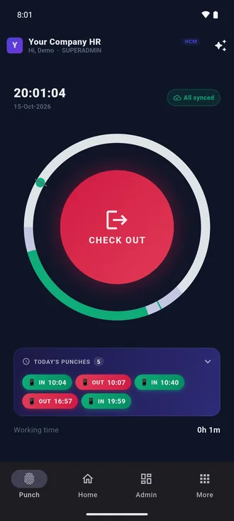 After checking in, the button reads CHECK OUT, the new punch is listed and the badge says All synced.