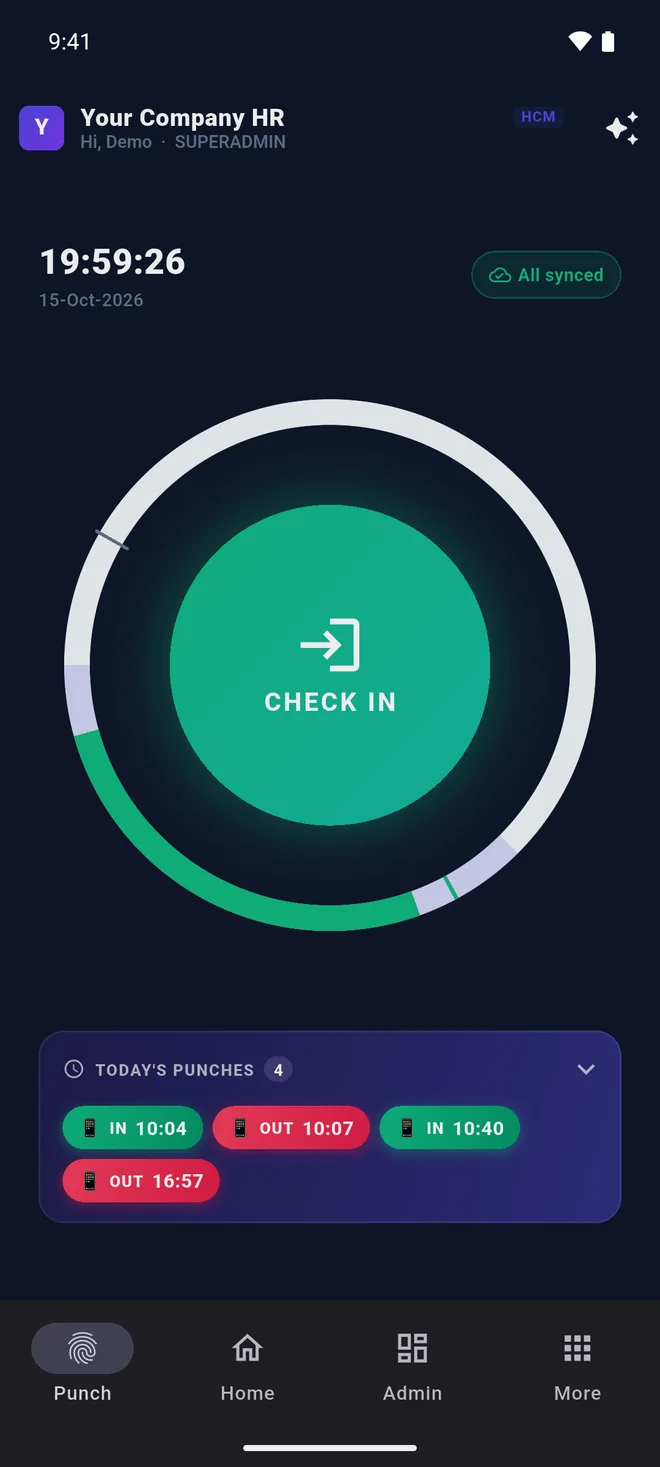 The Punch tab with the large CHECK IN button and today’s punches.