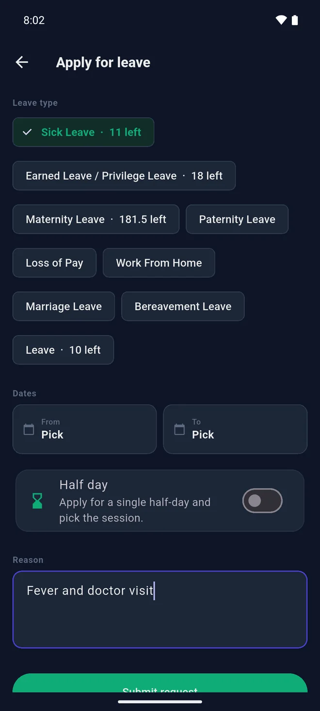 The Apply for leave form: leave types with days left, From and To dates, Half day, a reason and Submit request.