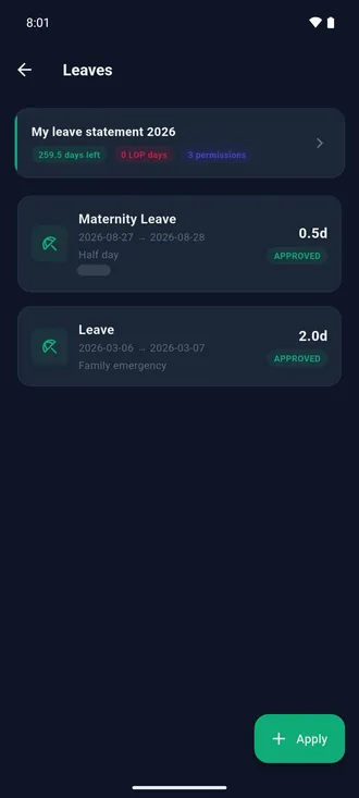 The Leaves screen with this year’s balance, past requests and the Apply button.