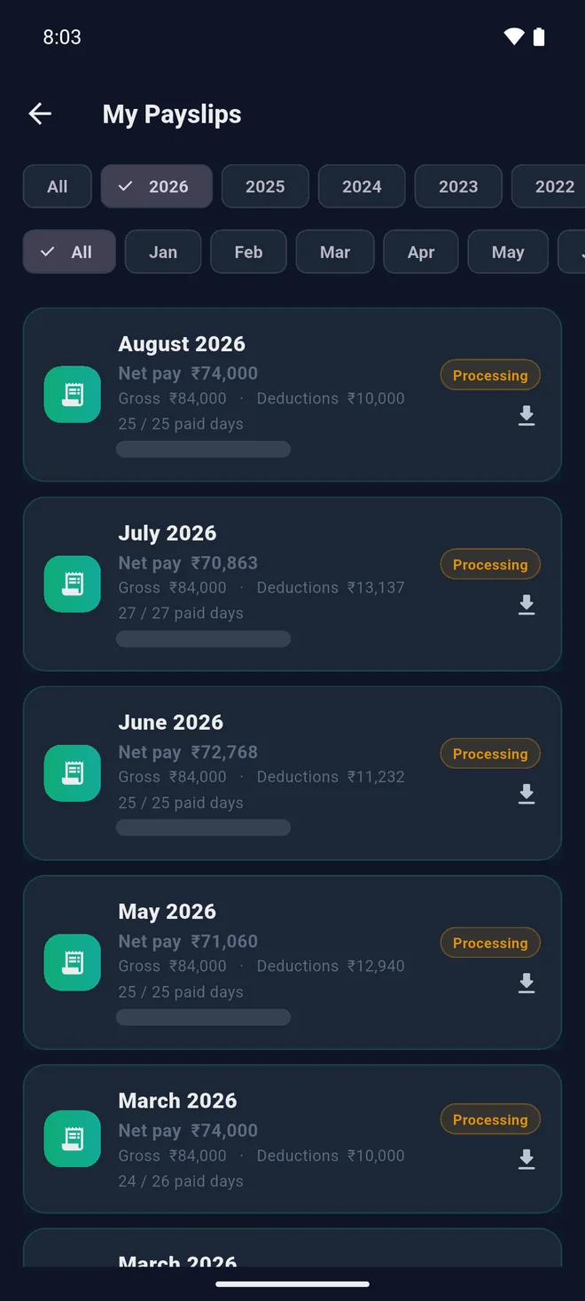 My Payslips: year and month filters, and a card per month with net pay, gross, deductions, paid days and a download arrow.