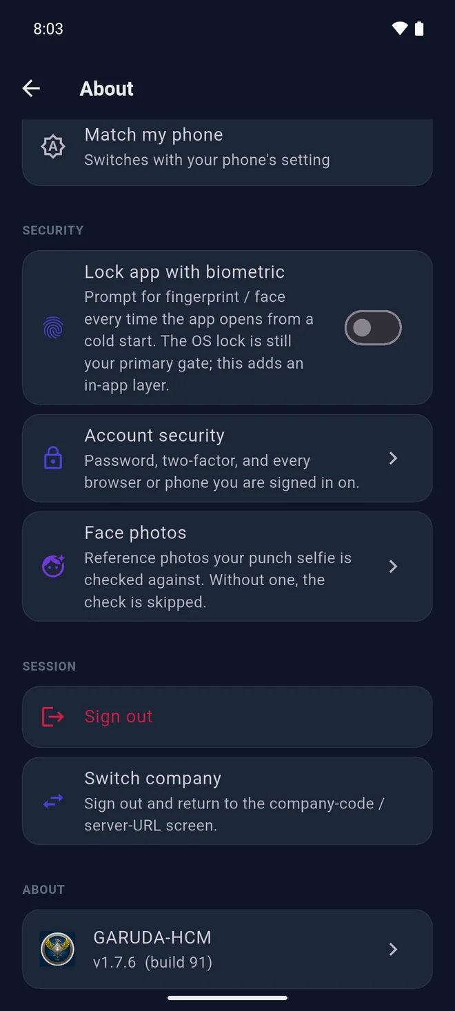 The About screen with the Session section: Sign out and Switch company.