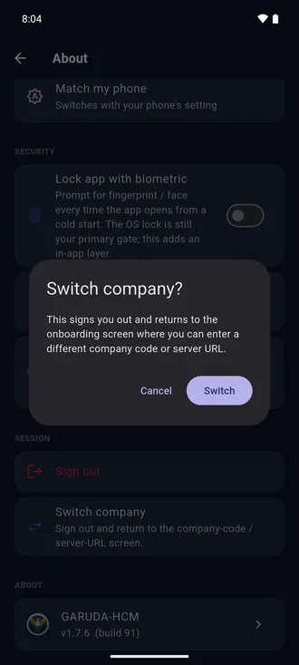 The Switch company? dialog explaining that you will be signed out and returned to the company-code screen, with Cancel and Switch.