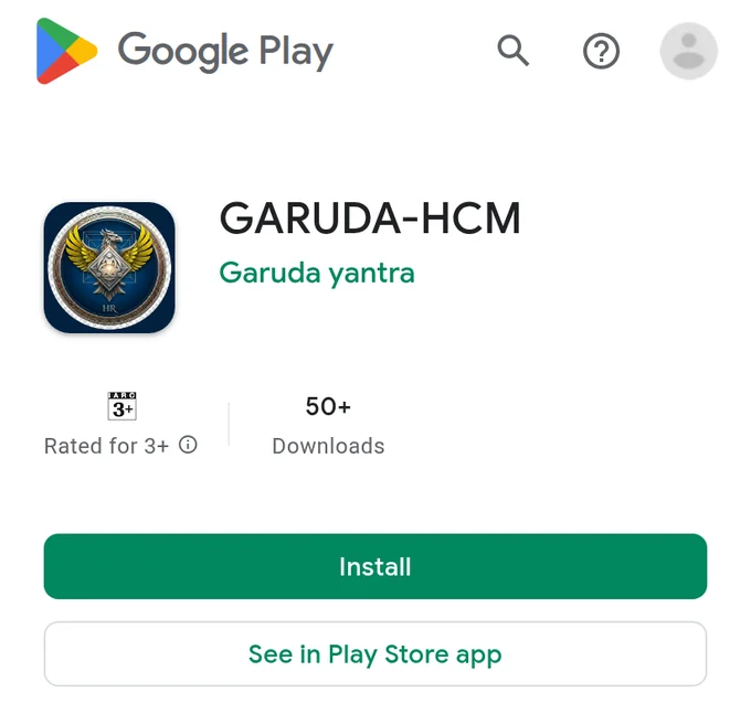 The Garuda HCM listing on Google Play, with the Install button.